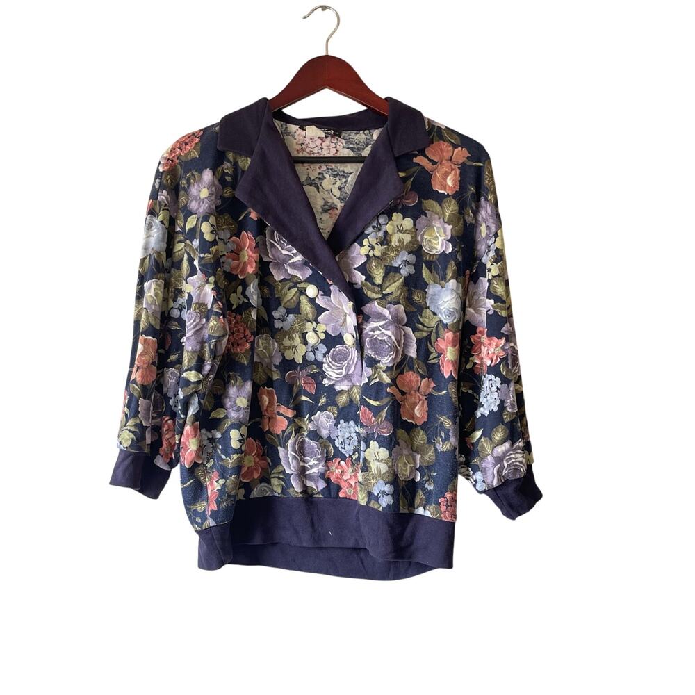 Vintage 80s navy floral surplice style blouse size large